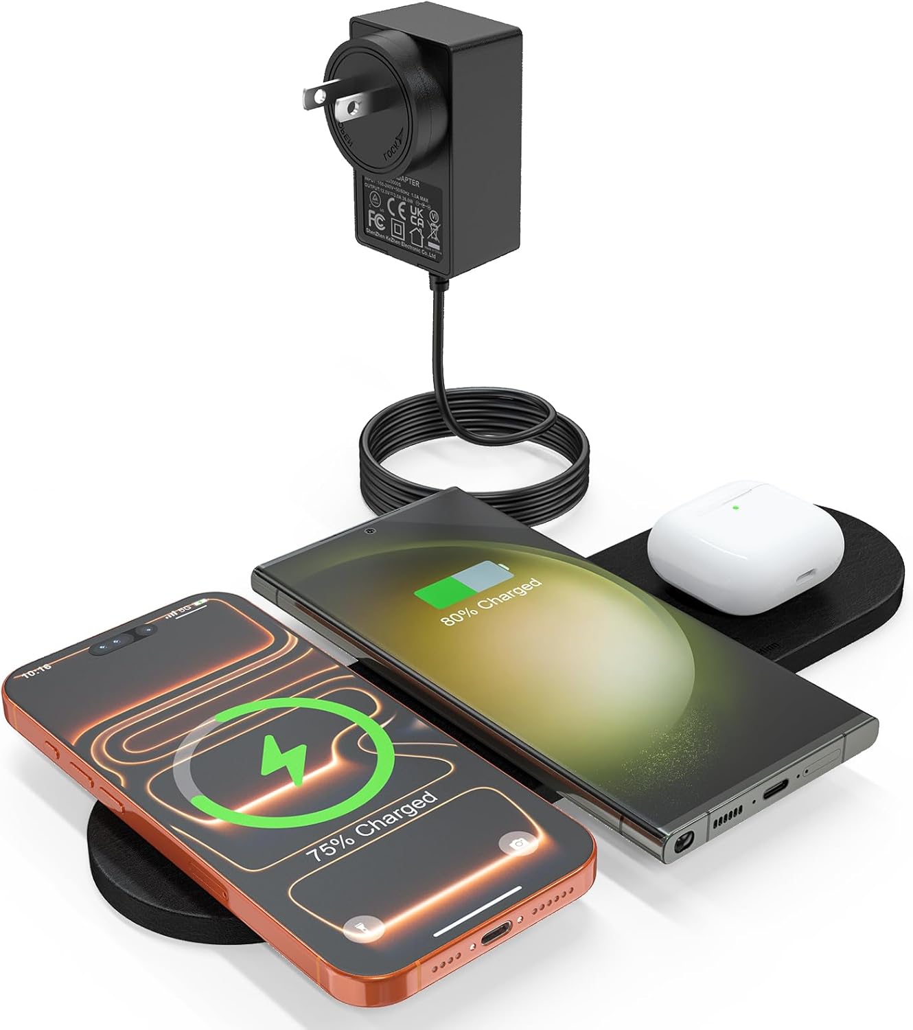 Wireless Charging Pad,Triple Wireless Charger Pad Multiple Devices Compatible with iPhone Phone New AirPods Galaxy Buds Ultra-Slim PU Leather