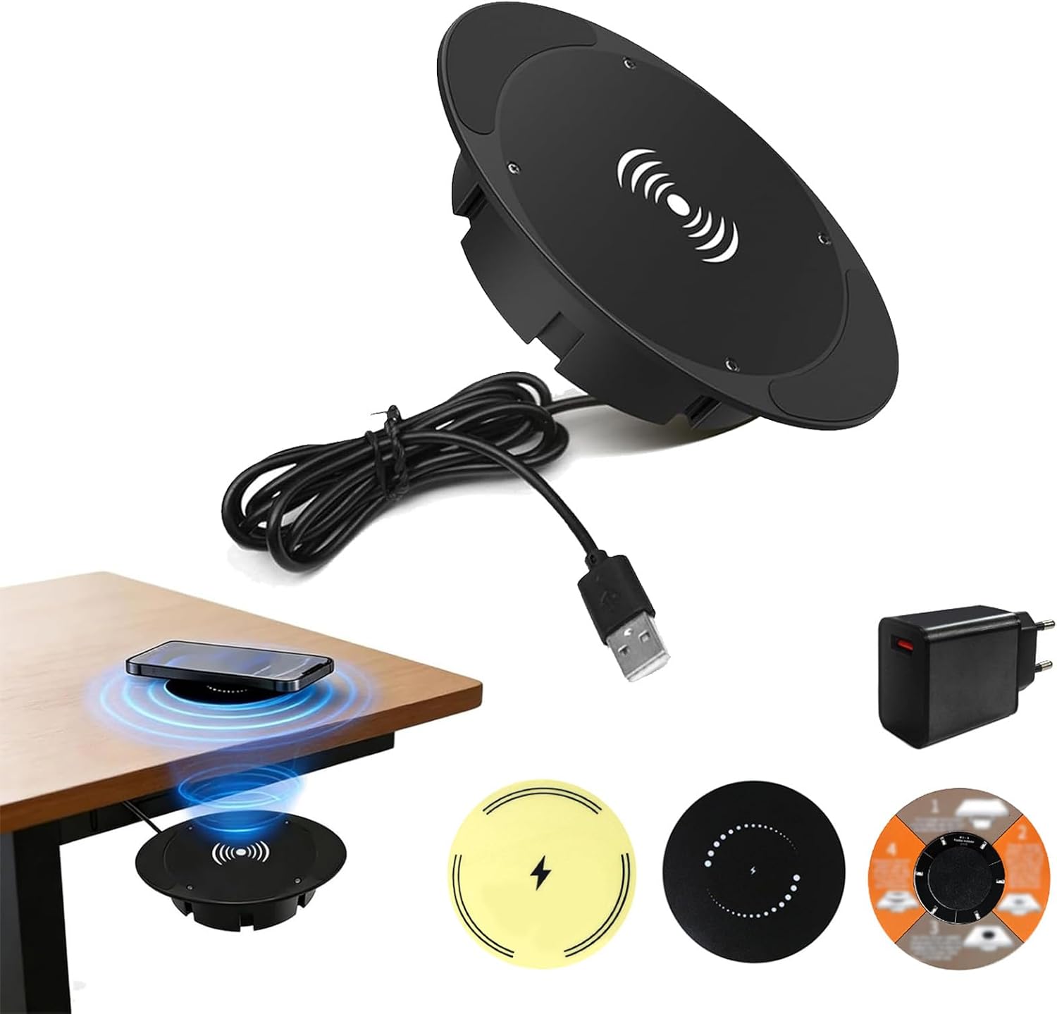 Invisible Under Desk Wireless Charger, Ultra-Thin, 0-30mm, Invisible Wireless Charger Under Desk, Dual Use on or Under Table, Easy Installation, Compatible