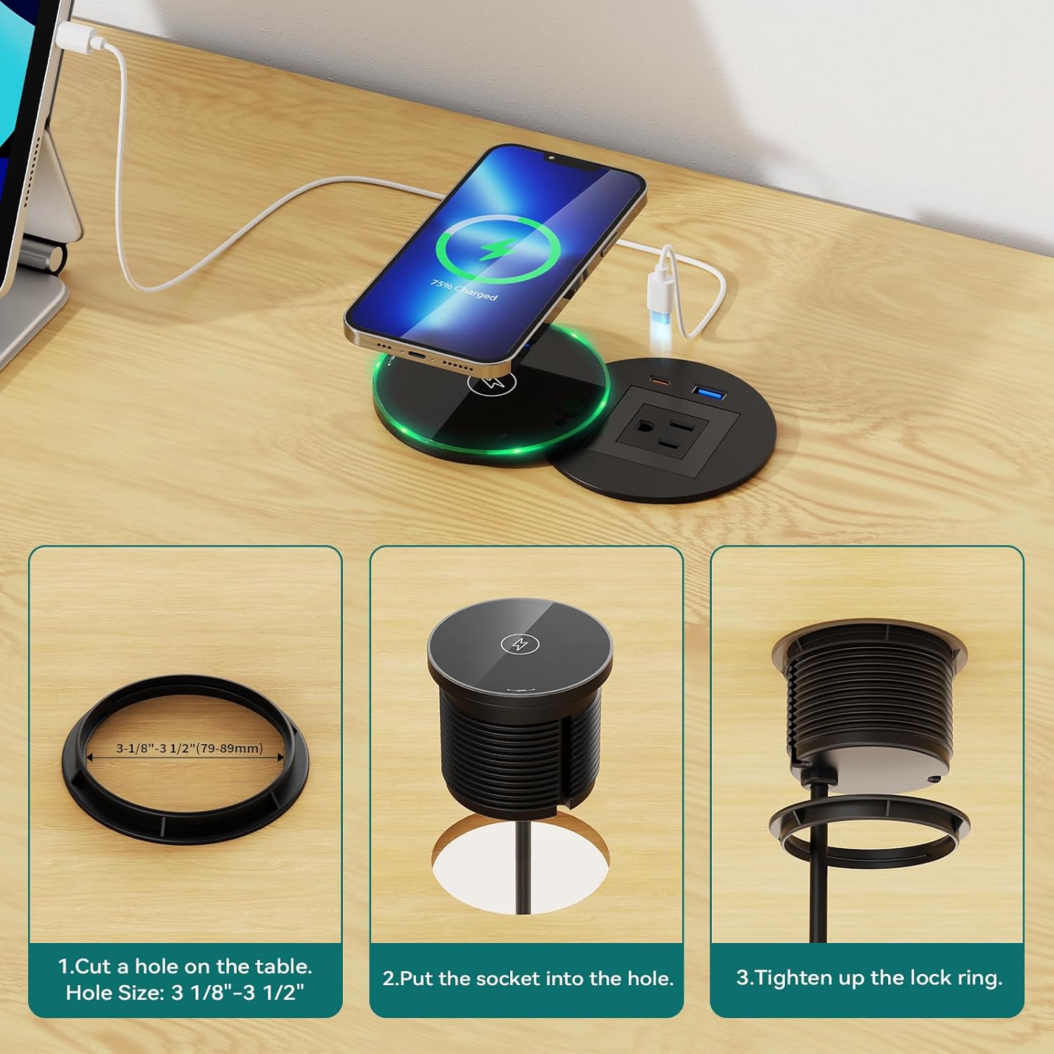 Recessed Power Grommet with 15W Wireless Charger, PD 30W USB-C Port, 1 AC Outlet, 3-1/8 Inch Flush Mount Power Strip for Furniture Nightstand Desk