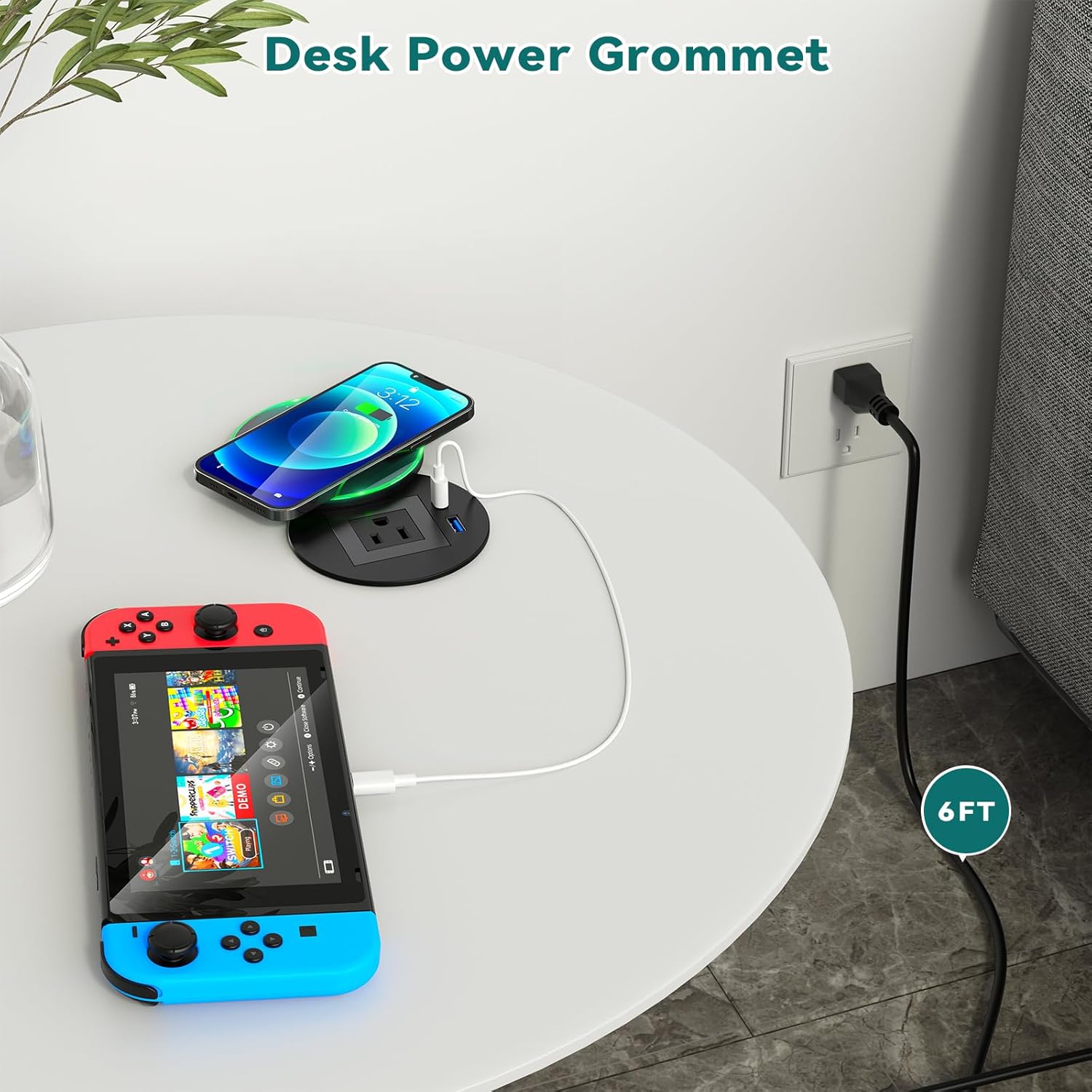 Recessed Power Grommet with 15W Wireless Charger, PD 30W USB-C Port, 1 AC Outlet, 3-1/8 Inch Flush Mount Power Strip for Furniture Nightstand Desk