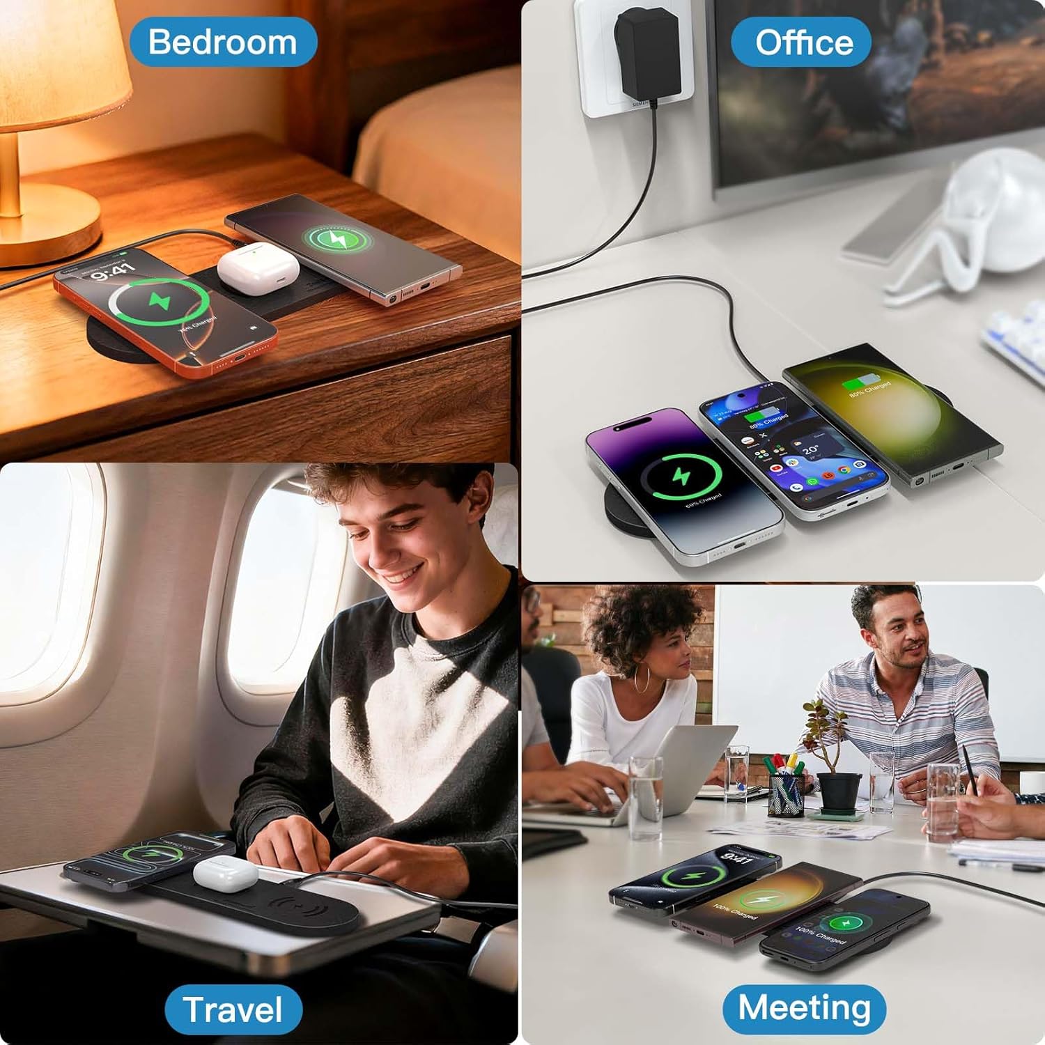 Wireless Charging Pad,Triple Wireless Charger Pad Multiple Devices Compatible with iPhone Phone New AirPods Galaxy Buds Ultra-Slim PU Leather