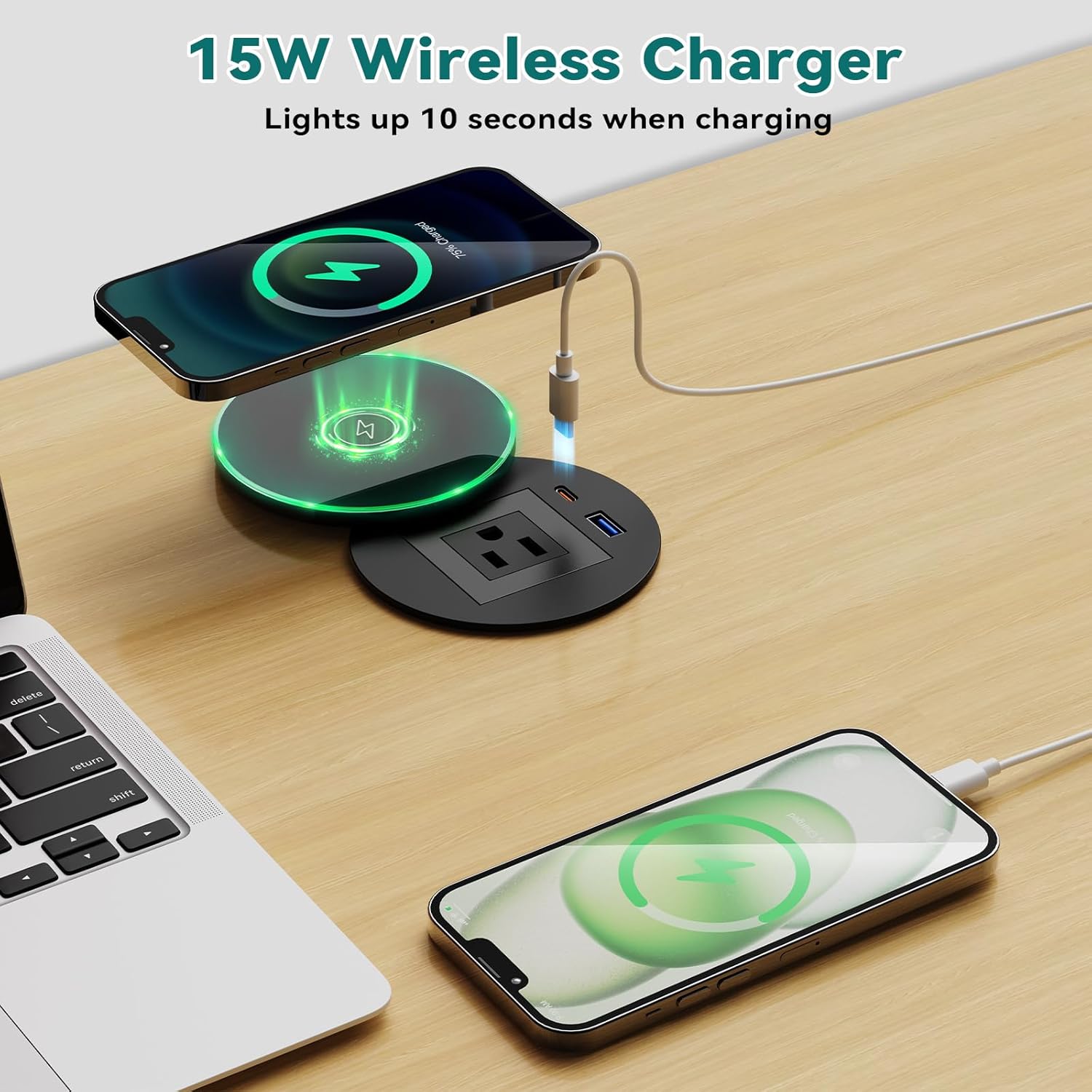 Recessed Power Grommet with 15W Wireless Charger, PD 30W USB-C Port, 1 AC Outlet, 3-1/8 Inch Flush Mount Power Strip for Furniture Nightstand Desk
