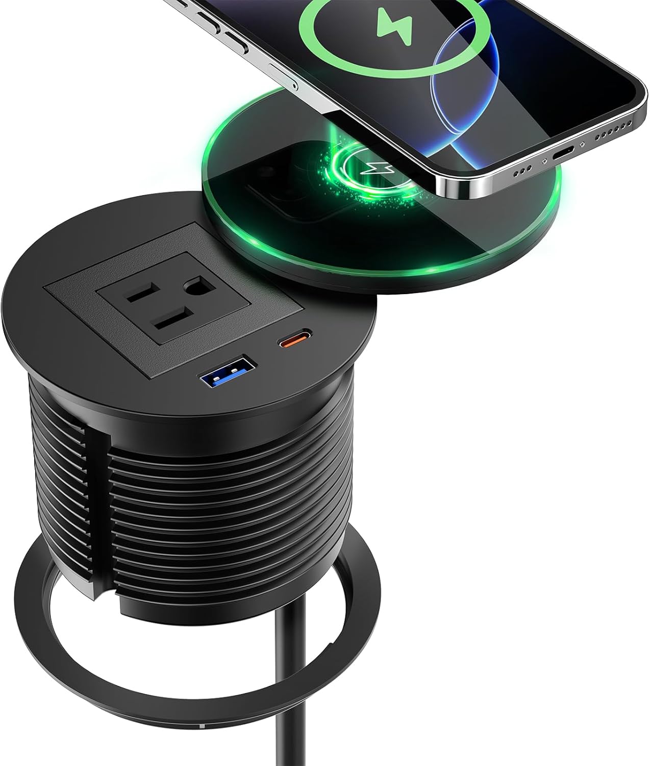 Recessed Power Grommet with 15W Wireless Charger, PD 30W USB-C Port, 1 AC Outlet, 3-1/8 Inch Flush Mount Power Strip for Furniture Nightstand Desk