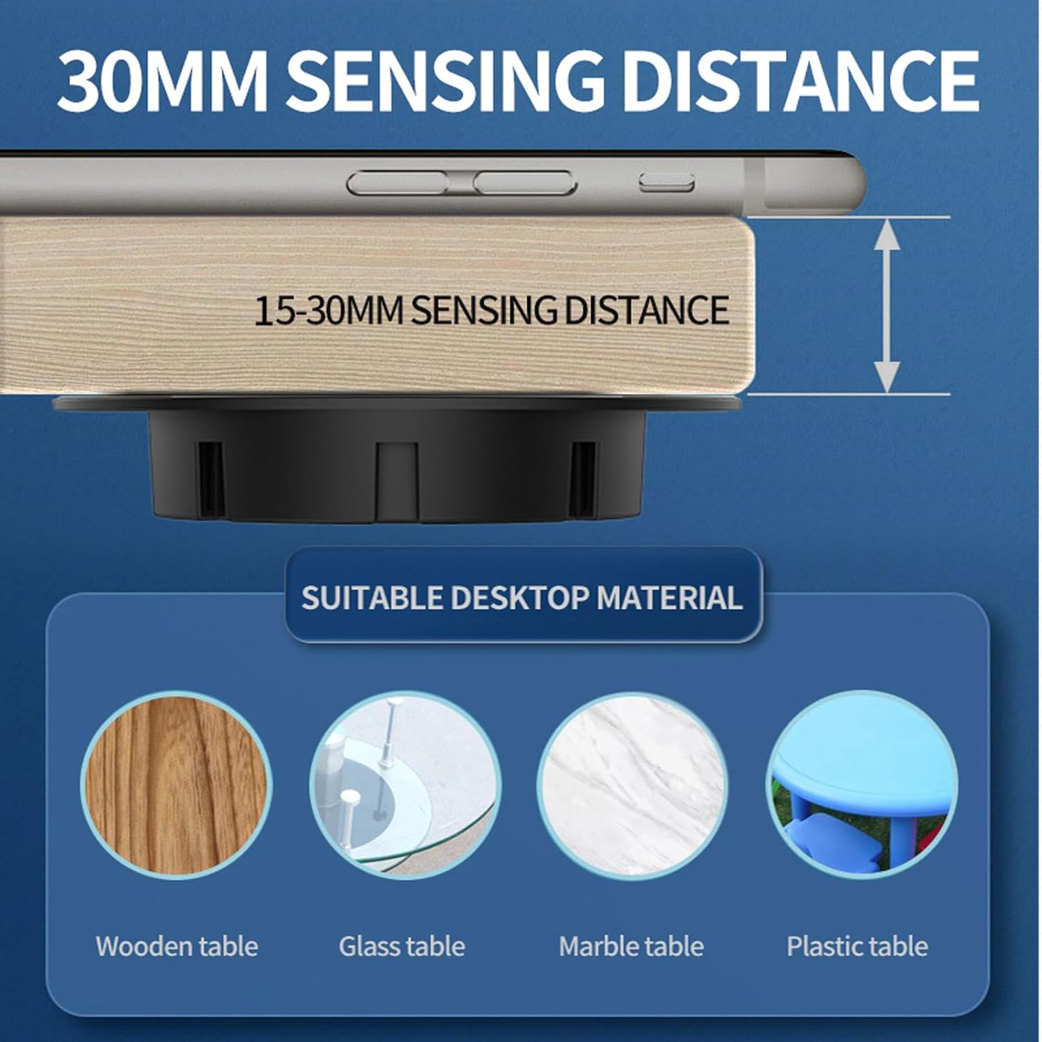 Invisible Wireless Charger Under Desk, 0-30mm Under Desk Wireless Charger, Dual Uses on or Hidden Under Table, Ultra-Thin Design, Suitable for Various Types