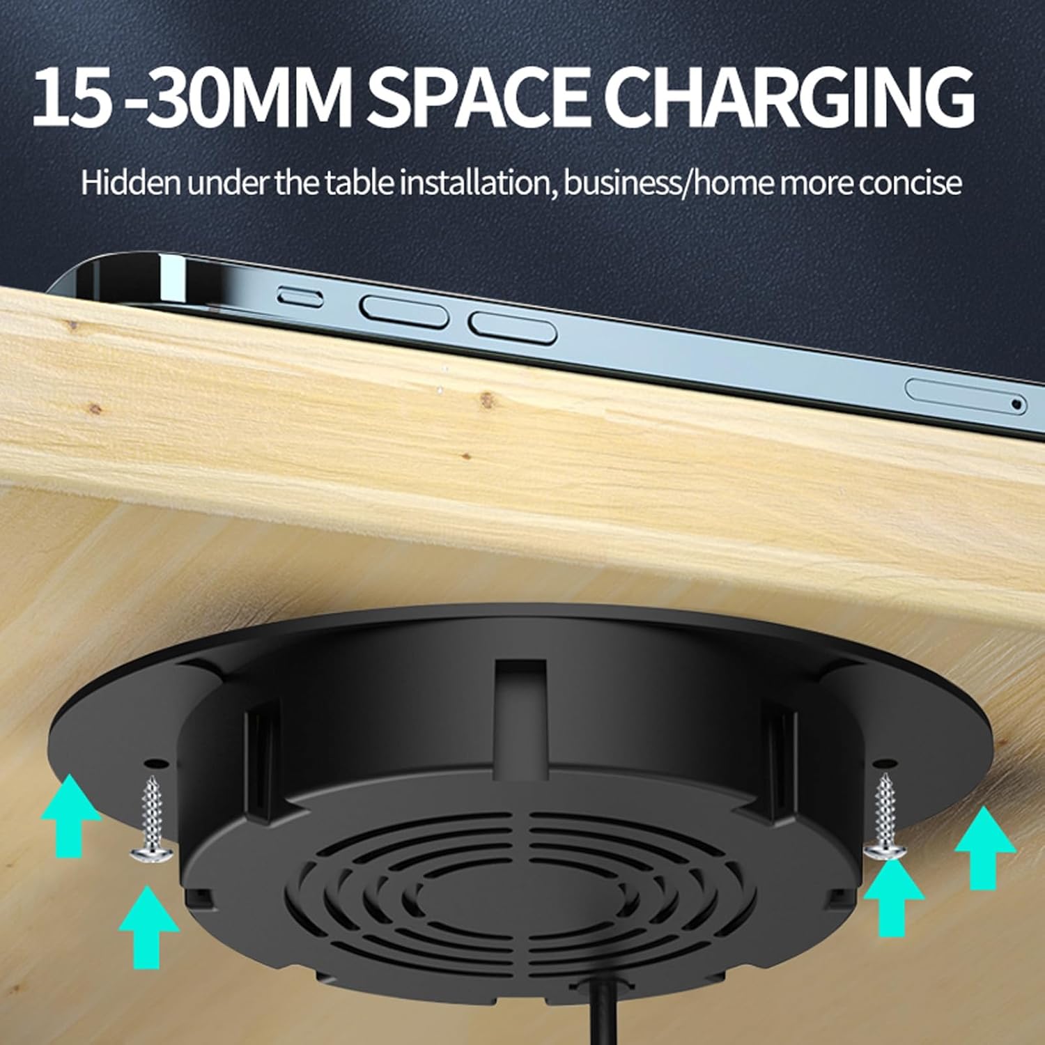 Invisible Wireless Charger Under Desk, 0-30mm Under Desk Wireless Charger, Dual Uses on or Hidden Under Table, Ultra-Thin Design, Suitable for Various Types