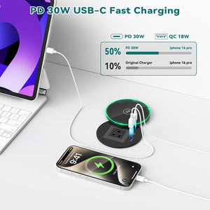 Recessed Power Grommet with 15W Wireless Charger, PD 30W USB-C Port, 1 AC Outlet, 3-1/8 Inch Flush Mount Power Strip for Furniture Nightstand Desk